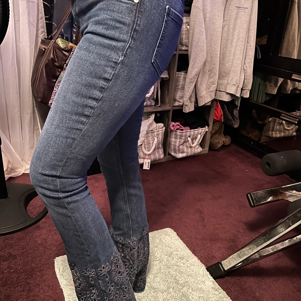 Shyanne Dark Blue Flare Jeans with Floral Detail